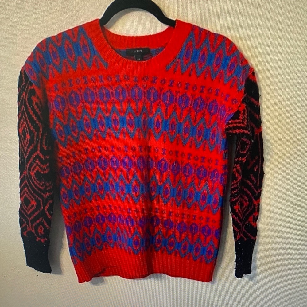 J. Crew Red Multicolor Patterned Crewneck Sweater